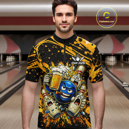 Black and Yellow Funny Bowling and Beer Custom Bowling Shirts For Men, Bowling Team League jerseys NQS11587