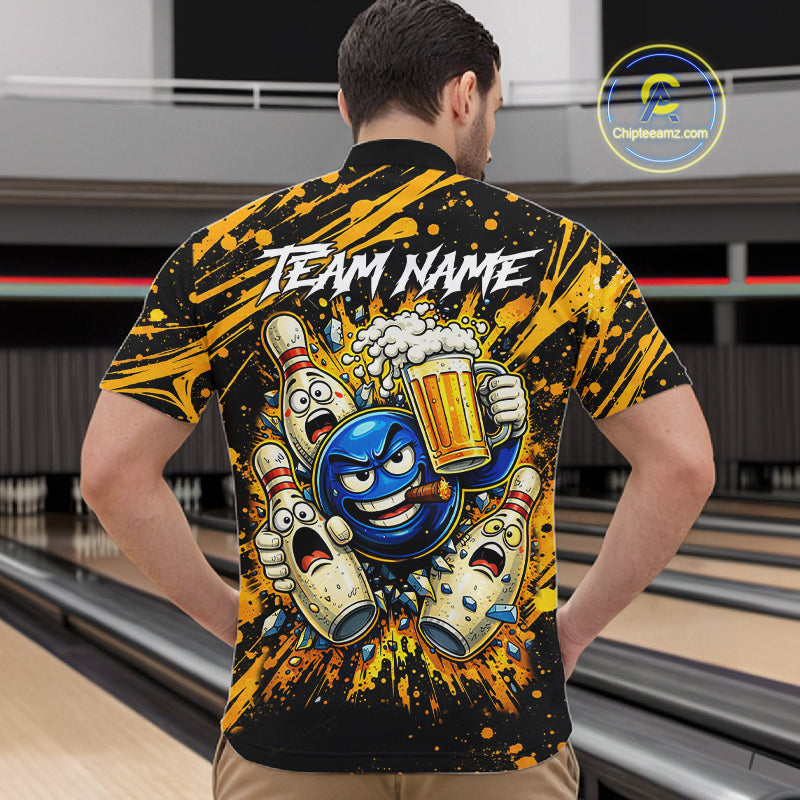 Black and Yellow Funny Bowling and Beer Custom Bowling Shirts For Men, Bowling Team League jerseys NQS11587