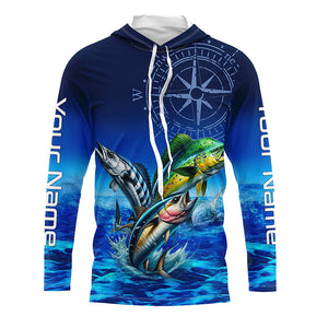 Personalized Mahi Mahi, Wahoo, Tuna Blue Performance Fishing Shirt, compass offshore tournament Shirts NQS5866