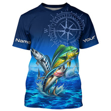 Load image into Gallery viewer, Personalized Mahi Mahi, Wahoo, Tuna Blue Performance Fishing Shirt, compass offshore tournament Shirts NQS5866