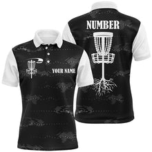 Load image into Gallery viewer, Black and white Mens disc golf polo shirts custom disc golf basket, personalized disc golf gifts NQS5856