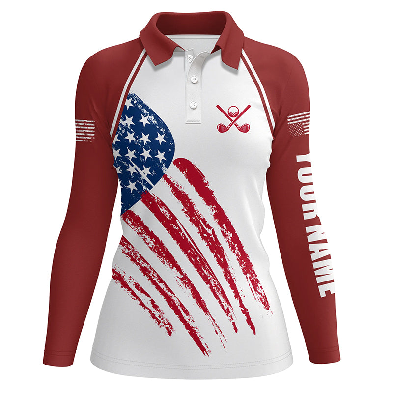 Red, White and Blue American Flag Women golf polo shirts custom patriotic golf outfits for ladies NQS8420