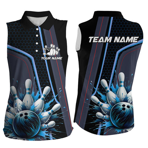 Personalized Bowling Sleeveless Polo Shirts Custom Team Bowling League Jersey, Gift For Bowlers | Blue NQS8852