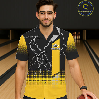 Personalized black & yellow bowling button-up shirt lightning thunder custom bowling hawaiian shirt NQS11377