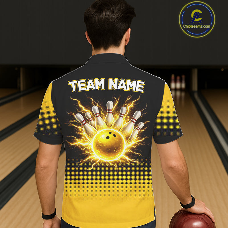 Personalized black & yellow bowling button-up shirt lightning thunder custom bowling hawaiian shirt NQS11377