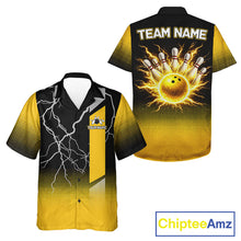 Load image into Gallery viewer, Personalized black &amp; yellow bowling button-up shirt lightning thunder custom bowling hawaiian shirt NQS11377