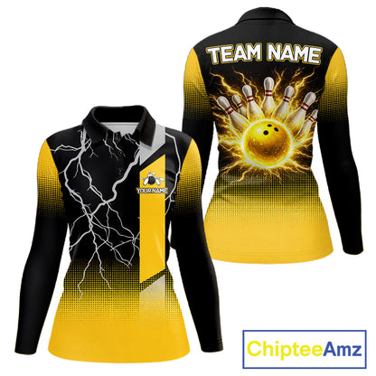 Personalized black & yellow bowling shirt for women lightning thunder custom bowling gifts for ladies NQS11377