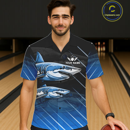 Black and blue shark bowling hawaiian shirt custom lightning thunder bowling button up shirt NQS11378