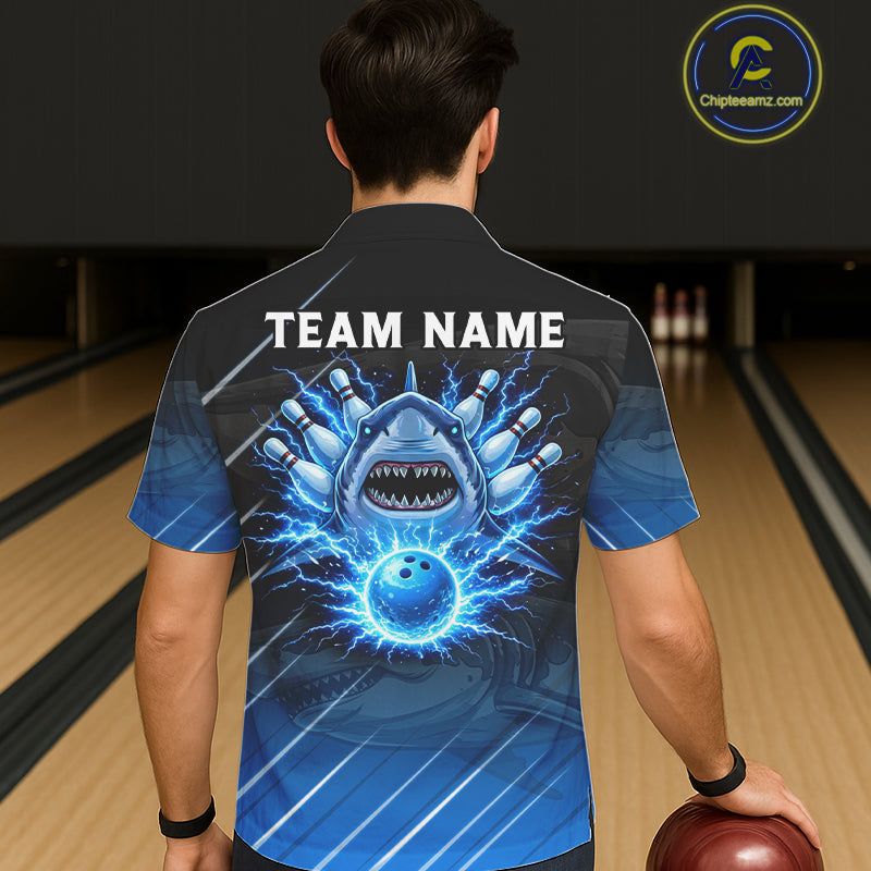 Black and blue shark bowling hawaiian shirt custom lightning thunder bowling button up shirt NQS11378