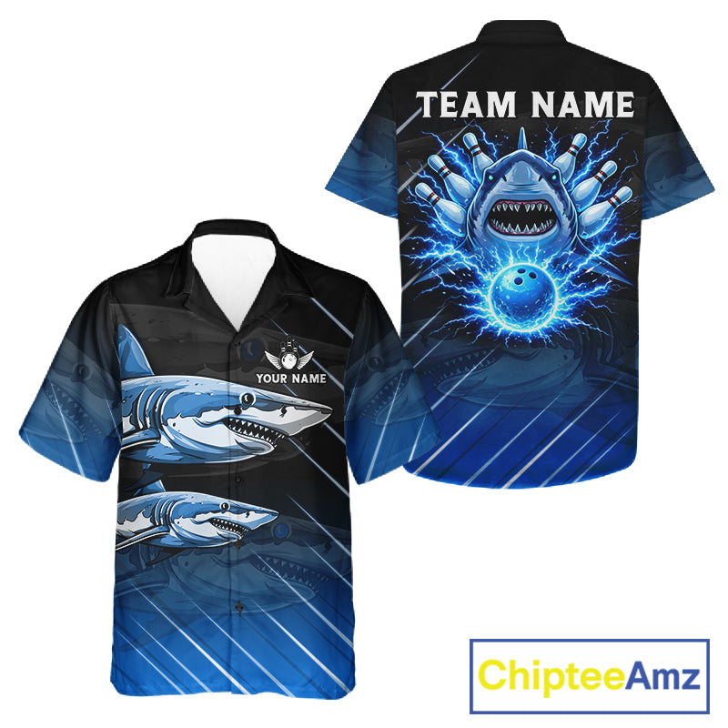 Black and blue shark bowling hawaiian shirt custom lightning thunder bowling button up shirt NQS11378