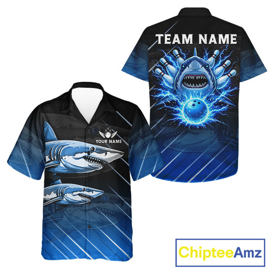 Black and blue shark bowling hawaiian shirt custom lightning thunder bowling button up shirt NQS11378