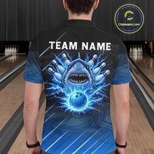 Load image into Gallery viewer, Black and blue shark bowling shirt for men custom lightning thunder bowling polo, quarter zip shirts NQS11378