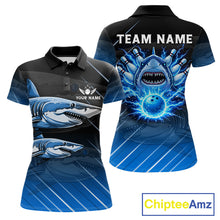 Load image into Gallery viewer, Black and blue shark bowling shirt for women custom lightning thunder bowling polo, quarter zip shirt NQS11378