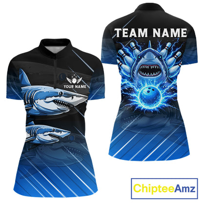 Black and blue shark bowling shirt for women custom lightning thunder bowling polo, quarter zip shirt NQS11378