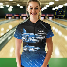 Load image into Gallery viewer, Black and blue shark bowling shirt for women custom lightning thunder bowling polo, quarter zip shirt NQS11378