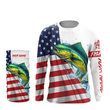 Load image into Gallery viewer, American flag patriotic Mahi mahi fishing Custom UV Protection saltwater long sleeve Fishing Shirts NQS5632