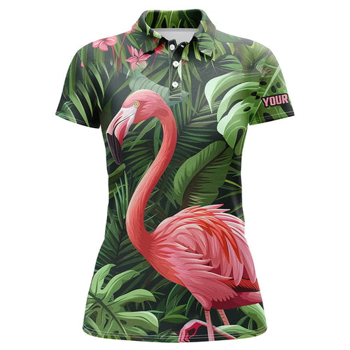 Pink Flamingo Green Tropical Pattern Women Golf Polo Shirts Custom golf attire for ladies, Golf Gifts NQS7743