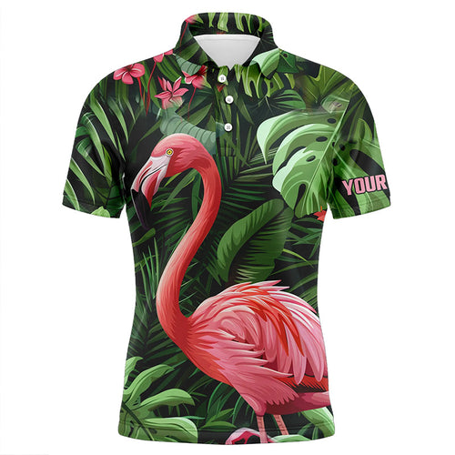 Pink Flamingo Green Tropical Pattern Mens Golf Polo Shirts Custom golf attire for men, Golf Gifts NQS7743