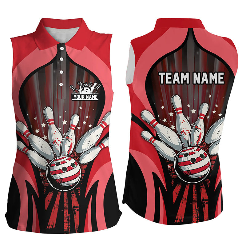 Women Sleeveless Polo bowling shirts Custom Retro Bowling Team League Jersey, gift for bowlers | Red NQS7747