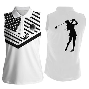 Women's sleeveless golf polo shirt black American flag patriotic white golf shirt NQS3546