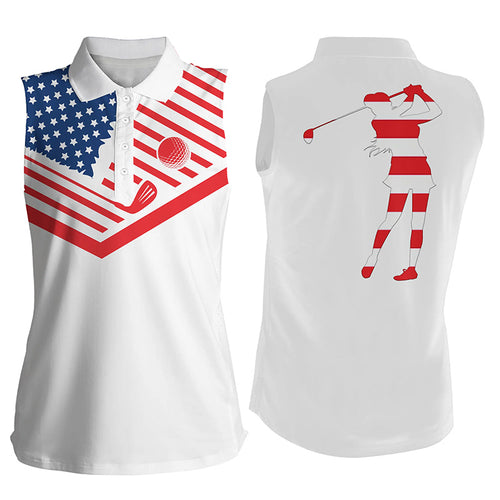 Women's sleeveless golf polo shirt American flag 4th July patriot white golf shirt NQS3553