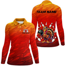 Load image into Gallery viewer, Custom Funny Turkey Bowling Shirts For Women, Orange Camo Thanksgiving Bowling Shirt Team Uniform NQS8631