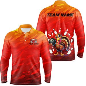 Custom Funny Turkey Bowling Shirts For Men, Orange Camo Thanksgiving Bowling Shirt Team Uniform NQS8631