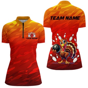 Custom Funny Turkey Bowling Shirts For Women, Orange Camo Thanksgiving Bowling Shirt Team Uniform NQS8631