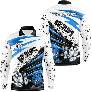 Funny black and white Bowling Polo, Quarter Zip Shirt for Men Custom Team Bowling jerseys | Blue NQS8864