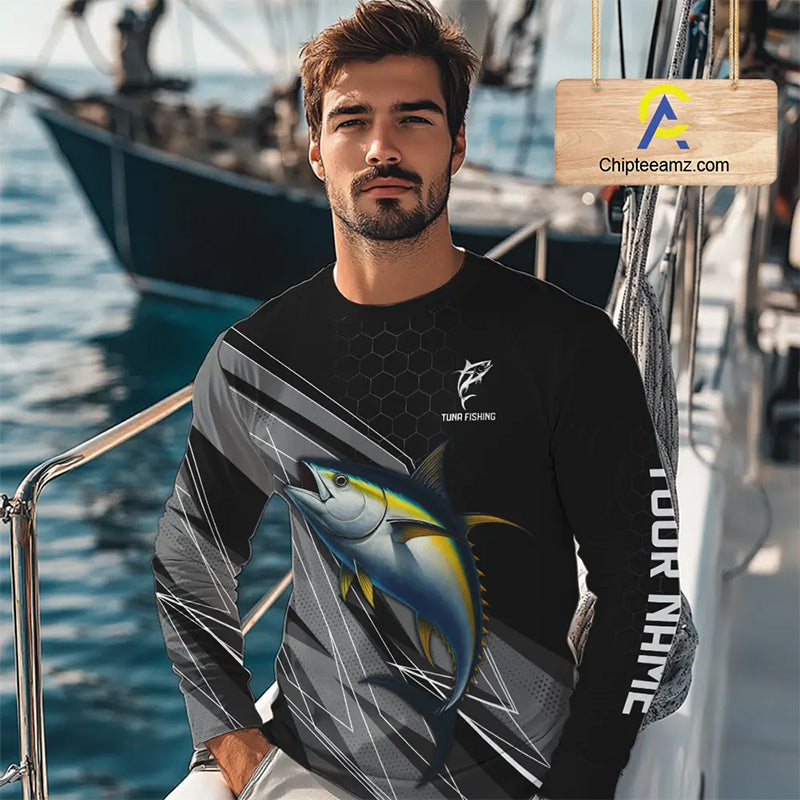 Personalized Black camo Tuna Fishing Jerseys, Tuna Tournament fishing team shirts NQS11382