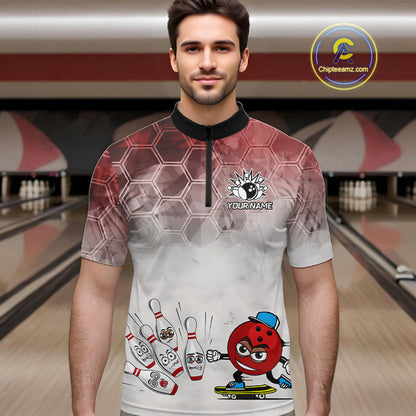 Funny Bowling Polo Shirts For Men, 1/4 zip shirts Custom Bowling Team Jerseys Gift For Bowler | Red NQS11388