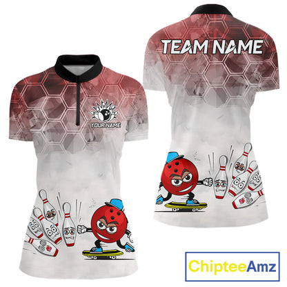 Funny Bowling Polo Shirts For Women, 1/4 zip shirts Custom Bowling Team Jerseys Gift For Bowler | Red NQS11388