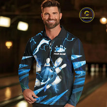 Load image into Gallery viewer, Blue Thunder Lightning bowling ball and pins jerseys Custom Team Bowling Polo, 1/4 Zip Shirts For Men NQS9831