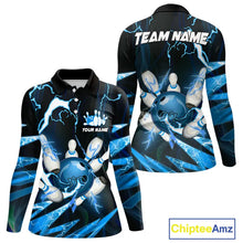 Load image into Gallery viewer, Blue Thunder Lightning bowling ball and pins jersey Custom Team Bowling Polo, 1/4 Zip Shirts For Women NQS9831