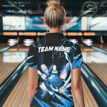 Load image into Gallery viewer, Blue Thunder Lightning bowling ball and pins jersey Custom Team Bowling Polo, 1/4 Zip Shirts For Women NQS9831