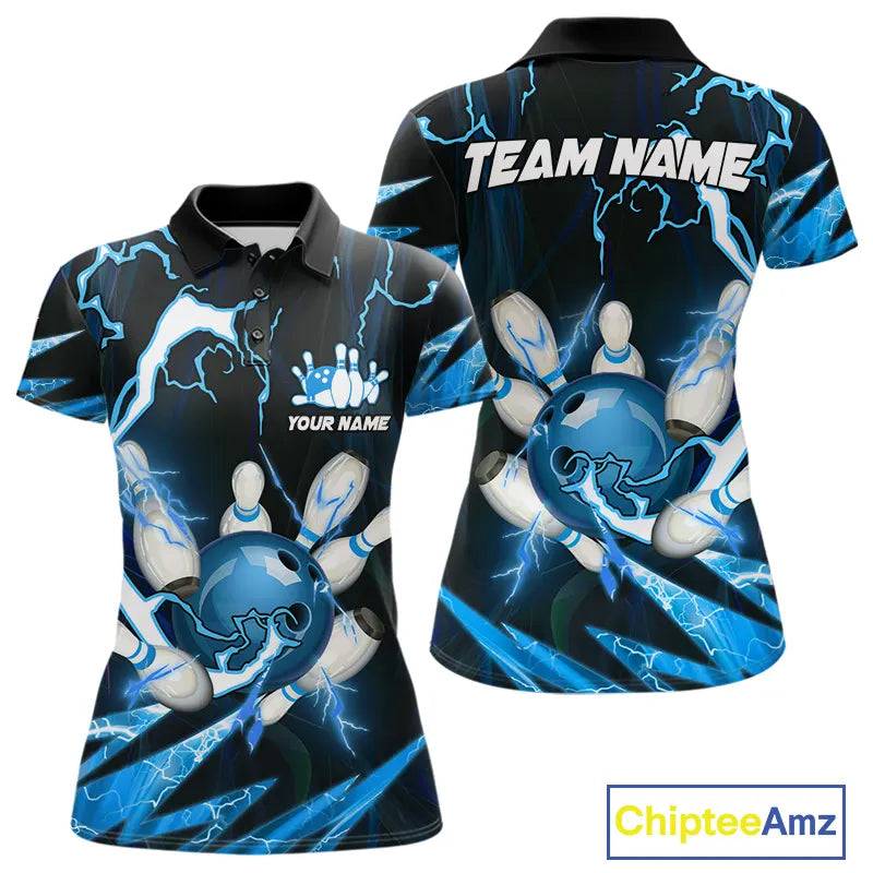 Blue Thunder Lightning bowling ball and pins jersey Custom Team Bowling Polo, 1/4 Zip Shirts For Women NQS9831
