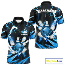 Load image into Gallery viewer, Blue Thunder Lightning bowling ball and pins jerseys Custom Team Bowling Polo, 1/4 Zip Shirts For Men NQS9831