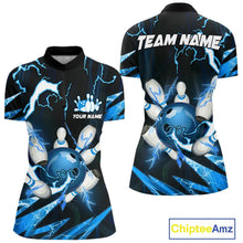 Load image into Gallery viewer, Blue Thunder Lightning bowling ball and pins jersey Custom Team Bowling Polo, 1/4 Zip Shirts For Women NQS9831