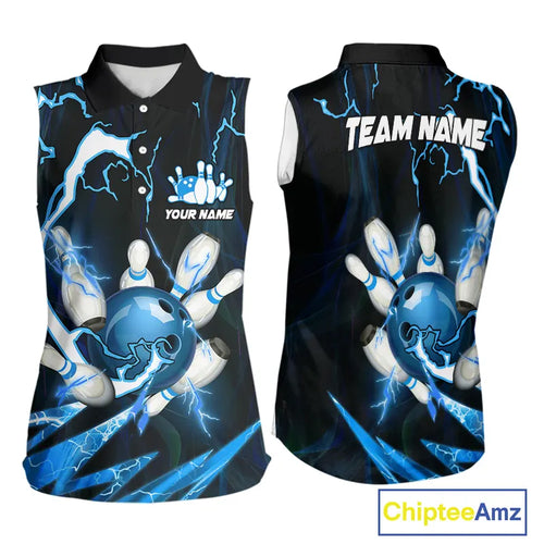Blue Thunder Lightning bowling ball and pins jersey Custom Team Bowling Sleeveless Polo Shirt NQS9831