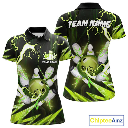 Green Thunder Lightning bowling ball and pins jersey Custom Team Bowling Polo, 1/4 Zip Shirt For Women NQS9832