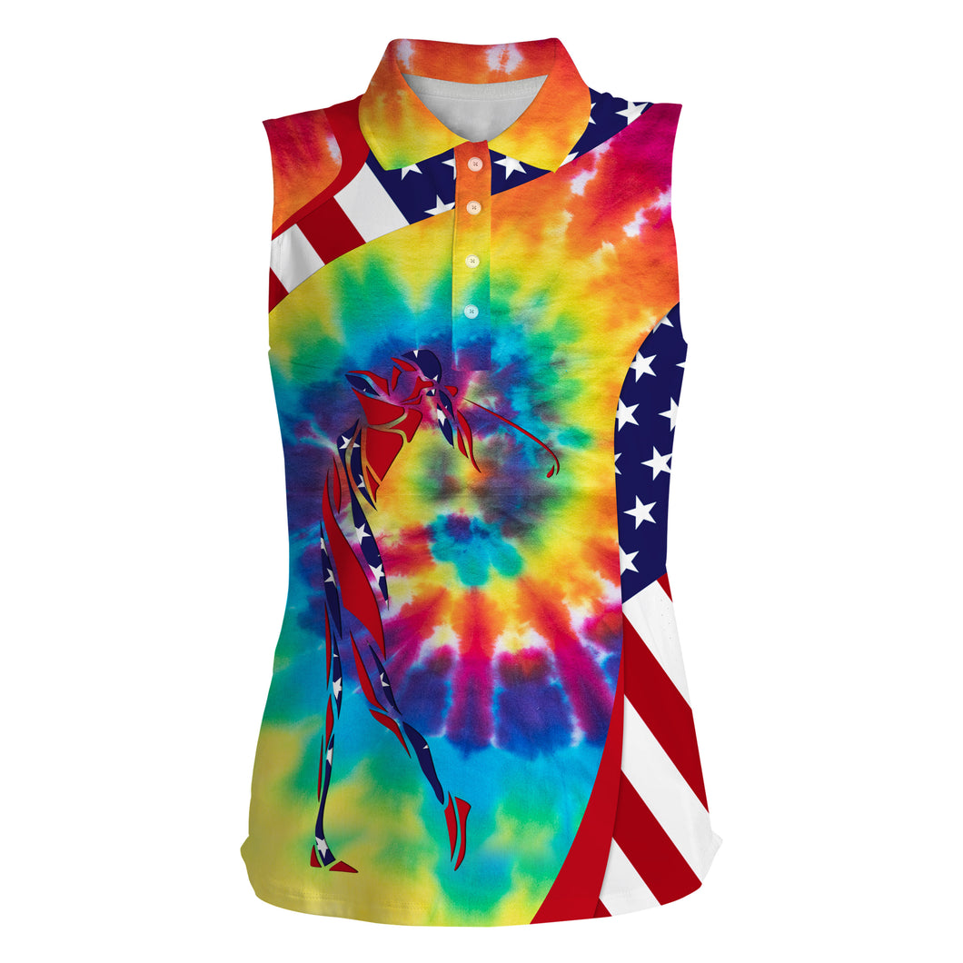 American flag patriot golf colorful tie dye Womens sleeveless polo shirts - golf gifts for women NQS5640