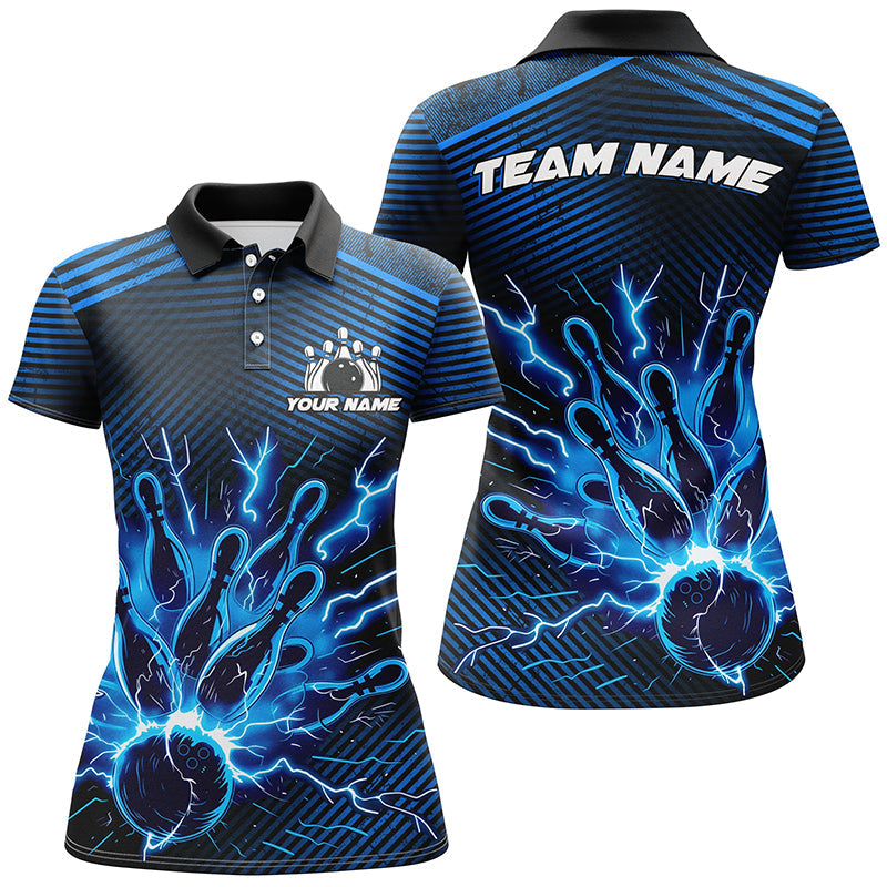 Blue lightning thunder bowling Polo, Quarter Zip shirts for women Custom Bowling Team League Jerseys NQS7750