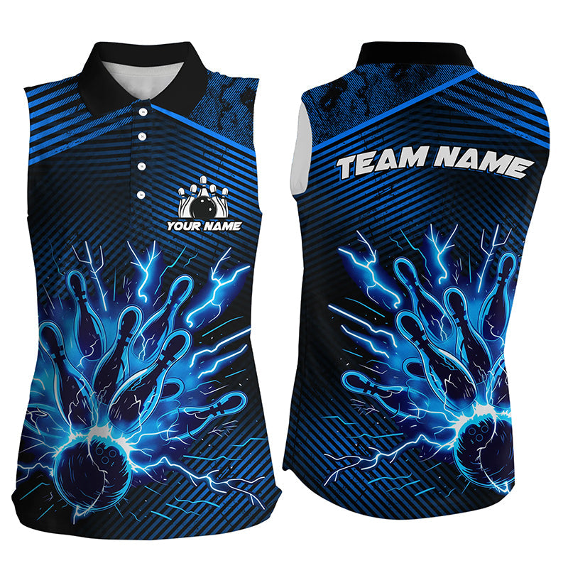Blue lightning thunder bowling Sleeveless Polo shirts for women Custom Bowling Team League Jerseys NQS7750