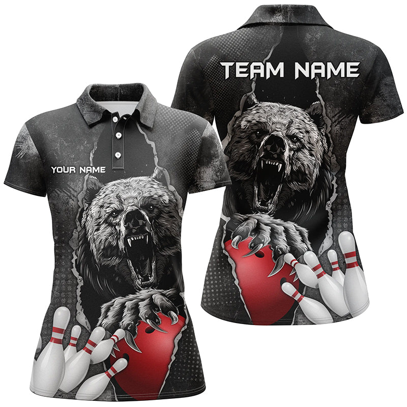 Black Bear grunge pattern Custom Women Bowling Polo, Quarter Zip Shirts Bowling Team Jerseys Outfits NQS7753