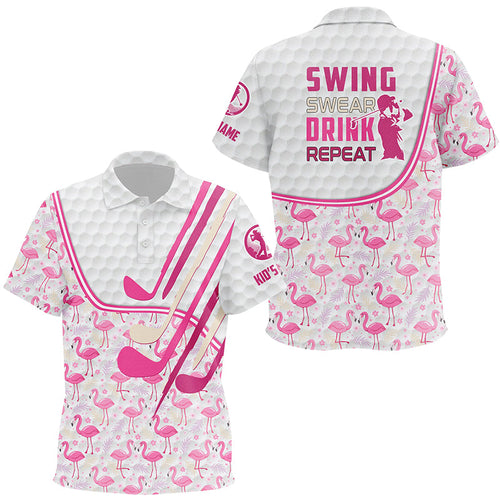 Personalized pink flamingo pattern golf clubs polo shirt for kid custom swing, swear, drink, repeat NQS7757