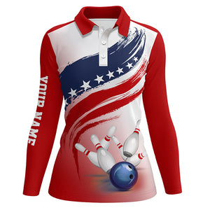 American flag Bowling ball and pins polo Shirt Women Bowling Jerseys Custom Bowling Team Shirts NQS6077