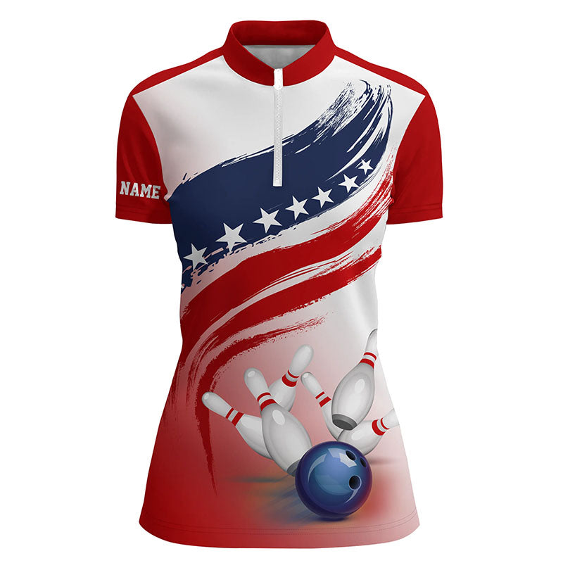 American flag Bowling ball and pins Quarter-Zip Shirt Women Bowling Jerseys Custom Bowling Team Shirts NQS6077