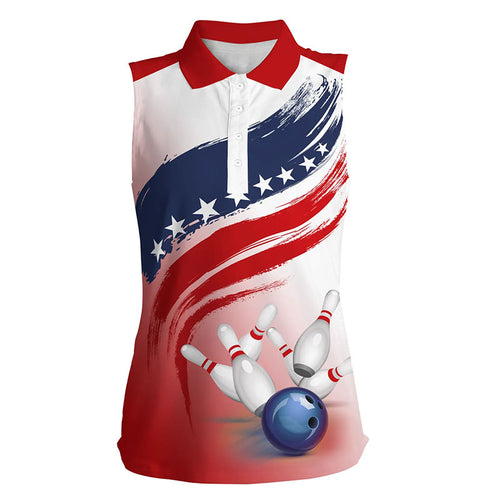 American flag Bowling ball and pins Women sleeveless polo shirts Bowling Team Jerseys NQS6077