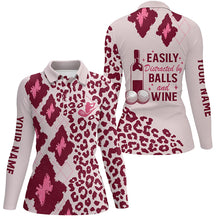 Load image into Gallery viewer, Womens golf polo shirts custom pink leopard argyle easily distracted by balls and wine golf attire NQS6079