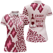 Load image into Gallery viewer, Womens golf polo shirts custom pink leopard argyle easily distracted by balls and wine golf attire NQS6079